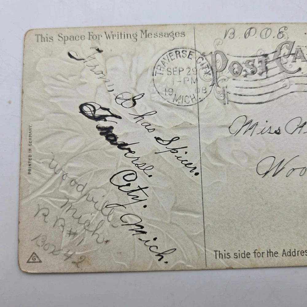 Vintage 1908 Embossed Red Rose Postcard With Best Wishes Traverse City Michigan